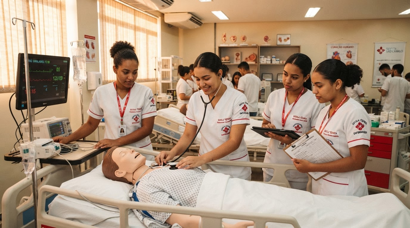 Alunos praticando técnicas de enfermagem